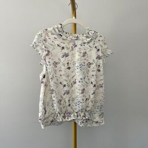 Express Floral Chiffon Ruffle Flutter Short Sleeve Blouse White Purple Green L